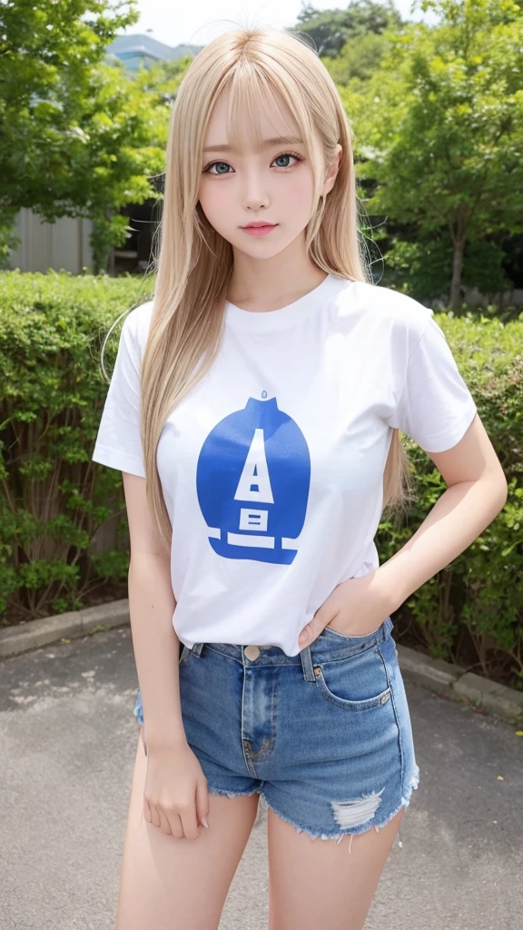 1 Girl、blue sky、明るくてとてもbeautiful顔、young, Shiny white skin、Best Looks、Blonde hair that reflects the light brilliantly、光沢のあるbeautifulブロンドの髪を持つ、Very straight hair、Long bangs、非常にbeautiful17歳、beautiful、Adorable、beautiful女の子、Shorts、various t-shirts