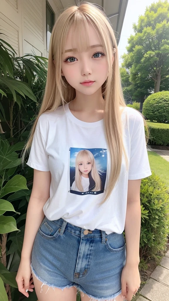 1 Girl、blue sky、明るくてとてもbeautiful顔、young, Shiny white skin、Best Looks、Blonde hair that reflects the light brilliantly、光沢のあるbeautifulブロンドの髪を持つ、Very straight hair、Long bangs、非常にbeautiful17歳、beautiful、Adorable、beautiful女の子、Shorts、various t-shirts