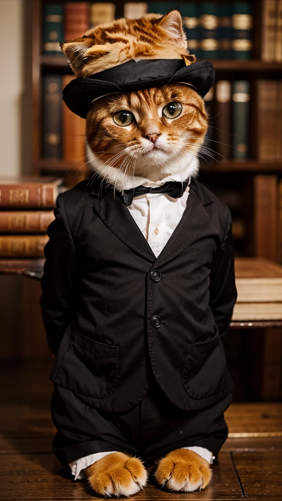 a cute fat orange cat wearing a top hat and monocle, score_9, score_8_up, score_7_up, score_6_up, score_5_up, score_4_up,UHD, 
adorable cat-like creature big eyes, Victorian, smart, library, monocle