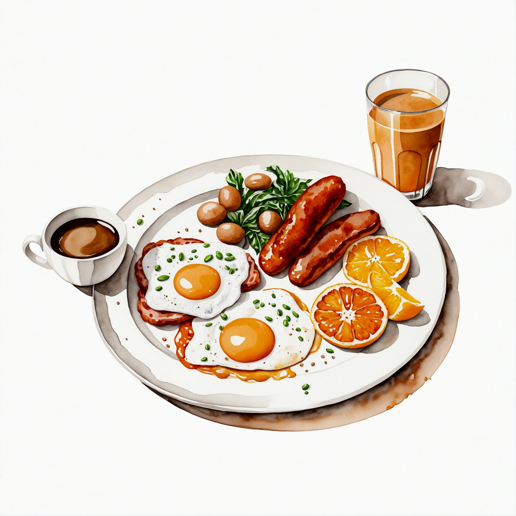a very clean image painting of a full english breakfast menu, full dining set, solid white background, center composition, negative space around the object, washed out color, detailed masterpiece, loose drawing, clipart, vector art, illustration, a cup of (coffee), an orange juice,