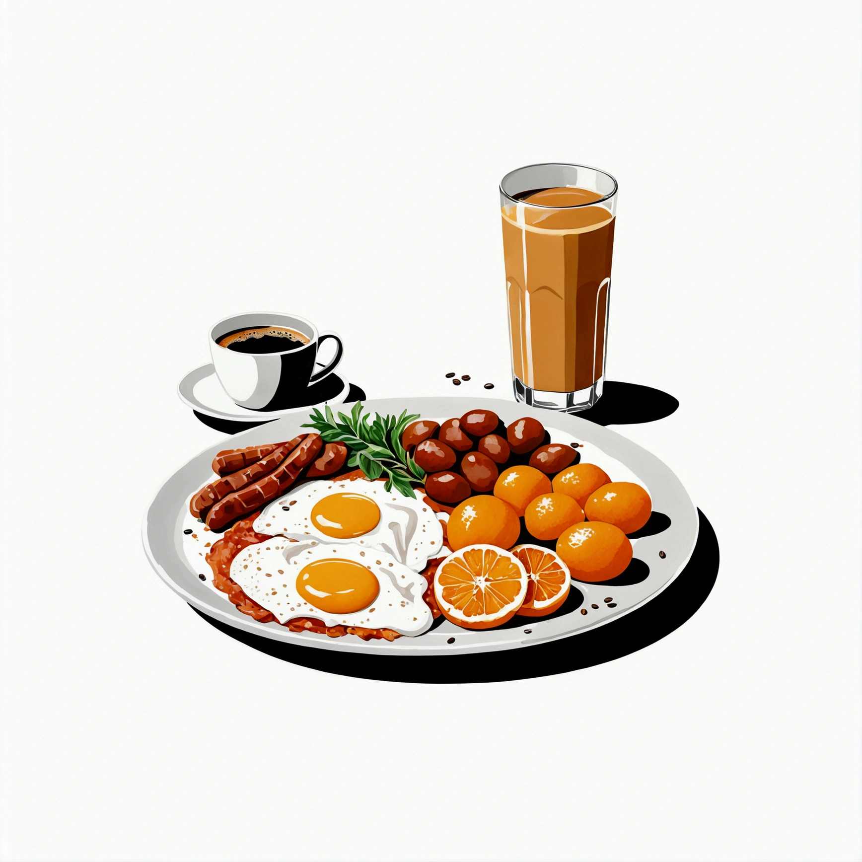 a very clean image painting of a full english breakfast menu, full dining set, solid white background, center composition, negative space around the object, washed out color, detailed masterpiece, loose drawing, clipart, vector art, illustration, a cup of (coffee), an orange juice,
