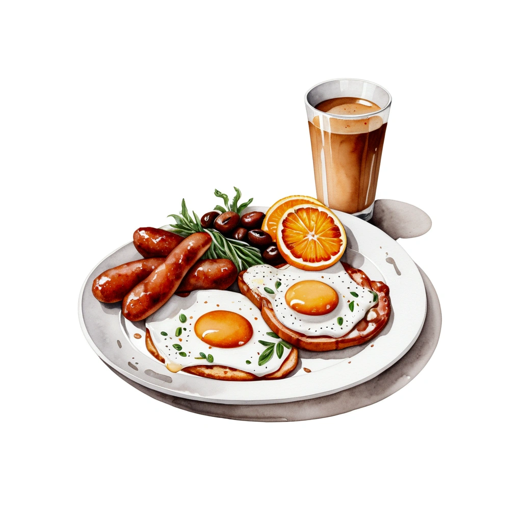 a very clean image painting of a full english breakfast menu, full dining set, solid white background, center composition, negative space around the object, washed out color, detailed masterpiece, loose drawing, clipart, vector art, illustration, a cup of (coffee), an orange juice,