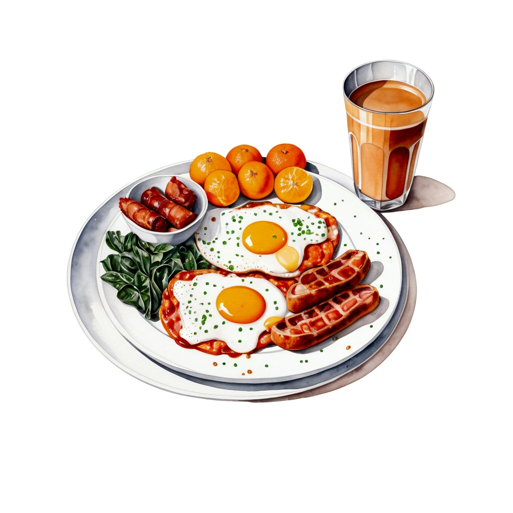 a very clean image painting of a full english breakfast menu, full dining set, solid white background, center composition, negative space around the object, washed out color, detailed masterpiece, loose drawing, clipart, vector art, illustration, a cup of (coffee), an orange juice,