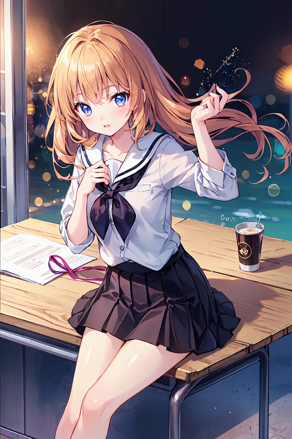 (Highest quality:1.3)、One Girl、high school girl、mini skirt、desk work、get up、Angle from directly above、Cute anime illustrations、((Highest quality)), (Very detailed), (High-definition CG synthesis 8K wallpaper), 高いly detailed, 高い-definition raw color photos, Professional photography, (((Bokeh))), Written boundary depth,