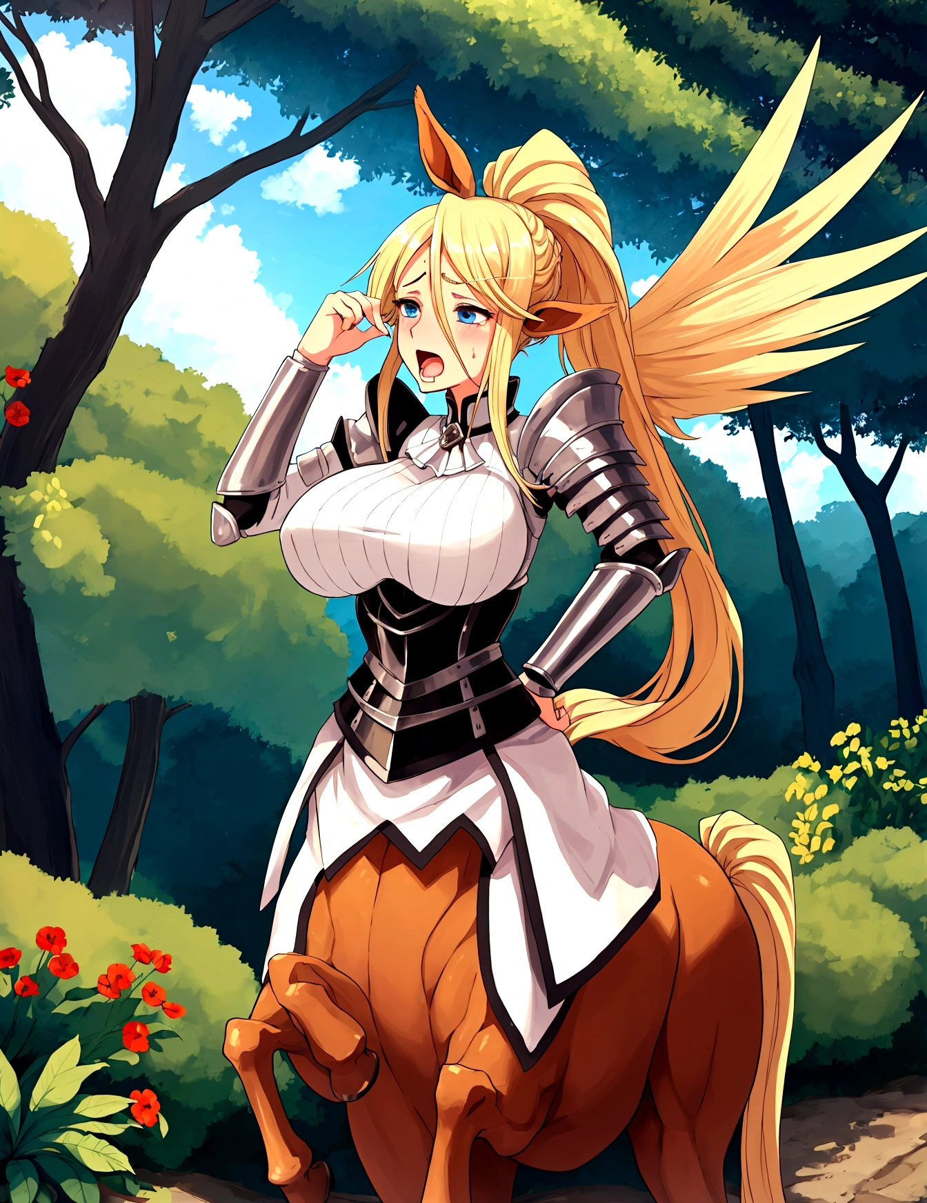 Anime centaur.1 girl. cutie. centaur girl, Half man. monster girl. centaur. Girl - horse. blonde. long hair. hair ornament. Her hair is pulled back into a high ponytail.. Blue eyes. Beautiful eyes. Perfect eyes. expressive eyes. perfect face. face, about to sneeze sneezing face. Beautiful nose. Snotty nose. Long snot hanging from the nose after sneezing. 16 years. big breasts. beautiful breasts. girl knight. centaur knight. She is ill. She got sick. She has allergies. She has a runny nose. nasal mucus. She has snot. She wants to sneeze. She needs to sneeze. She has a strong, desperate urge to sneeze. She sneezes. She sneezes. Splashes of snot fly to the sides. Snot flows from the nose. She has her period. Her crotch is bleeding. in the middle of a forest. Ideal anatomical body. Lower body of a horse.. Horse slender legs. hooves instead of feet. white linen blouse. Light plate armor - corset. skirt. no panties. standing. full height. beautiful character design. shiny skin. whole body. NFS. official art. чрезвычайно подробные обои CG Unity 8k. perfect lighting. 4K ultra-high resolution. Super detailed 8K resolution. A high resolution.