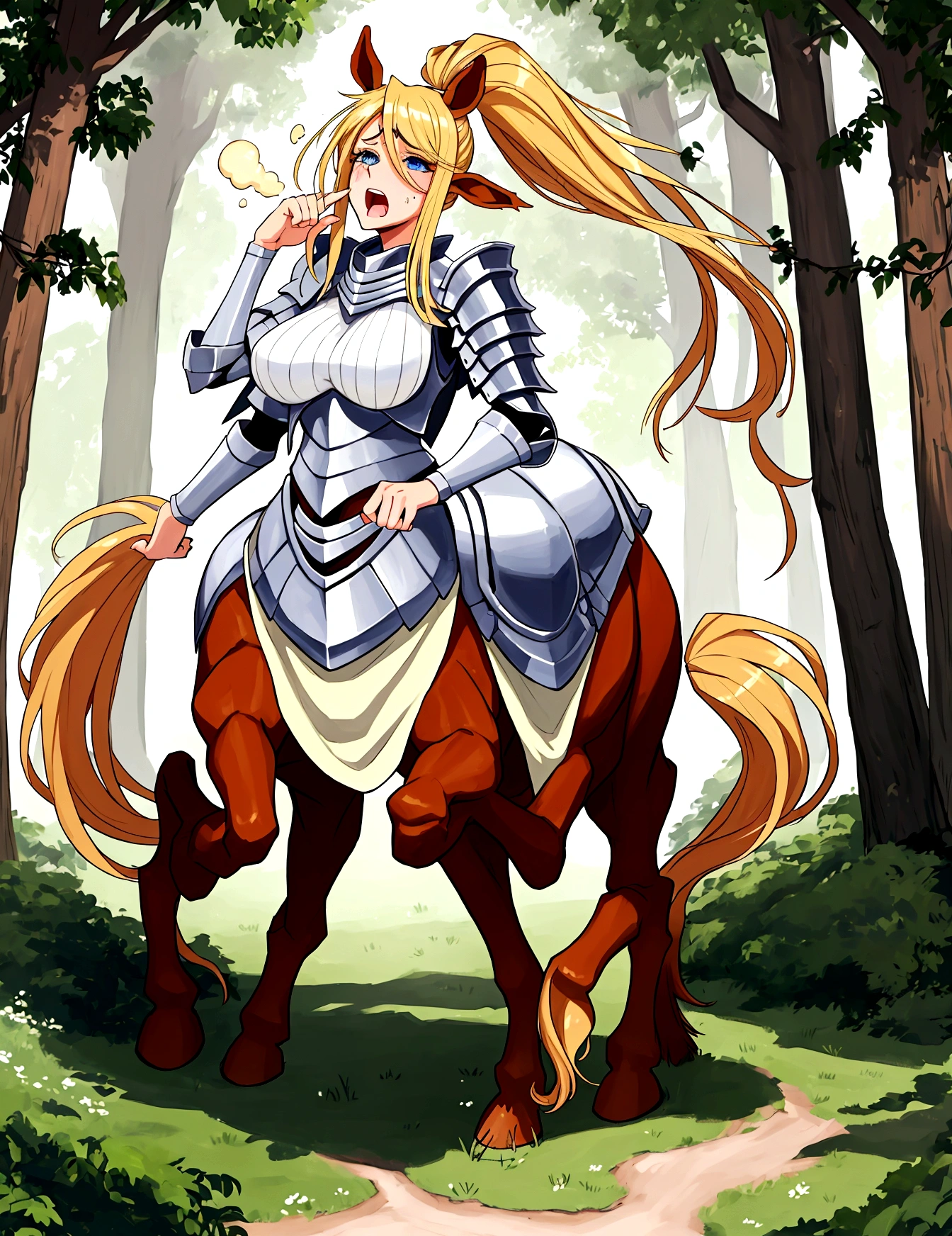 Anime centaur.1 girl. cutie. centaur girl, Half man. monster girl. centaur. Girl - horse. blonde. long hair. hair ornament. Her hair is pulled back into a high ponytail.. Blue eyes. Beautiful eyes. Perfect eyes. expressive eyes. perfect face. face, about to sneeze sneezing face. Beautiful nose. Snotty nose. Long snot hanging from the nose after sneezing.  years. big breasts. beautiful breasts. girl knight. centaur knight. She is ill. She got sick. She has allergies. She has a runny nose. nasal mucus. She has snot. She wants to sneeze. She needs to sneeze. She has a strong, desperate urge to sneeze. She sneezes. She sneezes. Splashes of snot fly to the sides. Snot flows from the nose. She has her period. Her crotch is bleeding. in the middle of a forest. Ideal anatomical body. Lower body of a horse.. Horse slender legs. hooves instead of feet. white linen blouse. Light plate armor - corset. skirt. no panties. standing. full height. beautiful character design. shiny skin. whole body. NFS. official art. чрезвычайно подробные обои CG Unity 8k. perfect lighting. 4K ultra-high resolution. Super detailed 8K resolution. A high resolution.