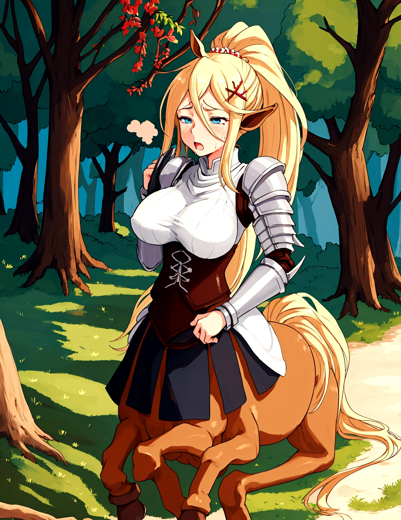 Anime centaur.1 girl. cutie. centaur girl, Half man. monster girl. centaur. Girl - horse. blonde. long hair. hair ornament. Her hair is pulled back into a high ponytail.. Blue eyes. Beautiful eyes. Perfect eyes. expressive eyes. perfect face. face, about to sneeze sneezing face. Beautiful nose. Snotty nose. Long snot hanging from the nose after sneezing.  years. big breasts. beautiful breasts. girl knight. centaur knight. She is ill. She got sick. She has allergies. She has a runny nose. nasal mucus. She has snot. She wants to sneeze. She needs to sneeze. She has a strong, desperate urge to sneeze. She sneezes. She sneezes. Splashes of snot fly to the sides. Snot flows from the nose. She has her period. Her crotch is bleeding. in the middle of a forest. Ideal anatomical body. Lower body of a horse.. Horse slender legs. hooves instead of feet. white linen blouse. Light plate armor - corset. skirt. no panties. standing. full height. beautiful character design. shiny skin. whole body. NFS. official art. чрезвычайно подробные обои CG Unity 8k. perfect lighting. 4K ultra-high resolution. Super detailed 8K resolution. A high resolution.