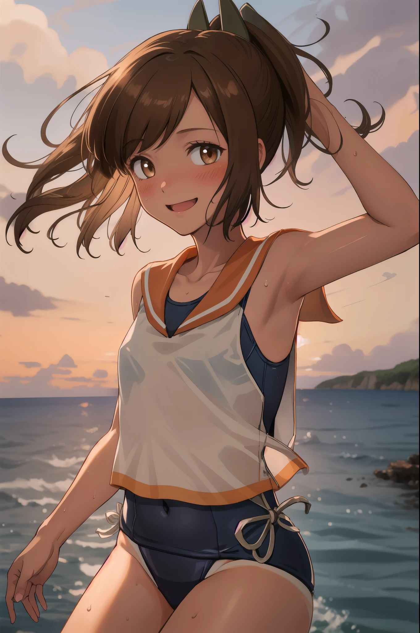 ((masterpiece)),(Highest quality),Official Art,Highly detailed CG,unity 8k wallpaper,Super detailed,Lighthouse on top of a cliff by the sea,One girl,一人in,Cowboy Shot,brown_hair,Dark Skin,Sunburn,School_Swimwear,brown_eye,smile,one piece_Swimwear,Swimwear_Down_Clothes,Sailor_collar,short_hair,Looking_in_Audience,blush,School_uniform,short_ponytail,