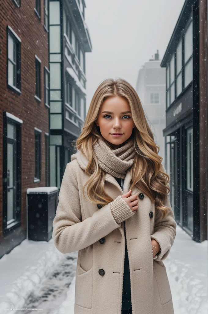 professional portrait photograph of a gorgeous Norwegian girl in winter clothing with long wavy blonde hair, sultry flirty look, gorgeous symmetrical face, cute natural makeup, wearing elegant warm winter fashion clothing, ((standing outside in snowy city street)), stunning modern urban environment, ultra realistic, concept art, elegant, highly detailed, intricate, sharp focus, depth of field, f/1. 8, 85mm, medium shot, mid shot, (((professionally color graded))), bright soft diffused light, (volumetric fog), trending on instagram, hdr 4k, 8k