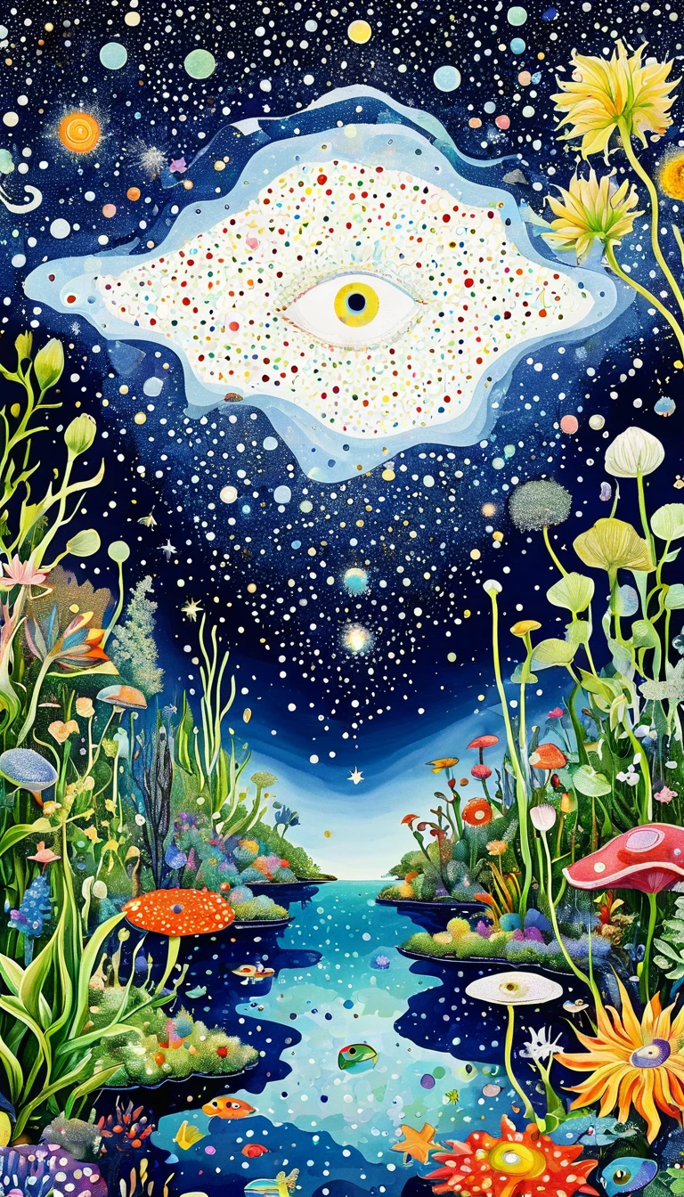 plant、Aquatic organisms、Eye、Starry Sky，An abstract painting at the joint，Describing the inner world of autistic people，Sense of space，White Space，Pointillism method