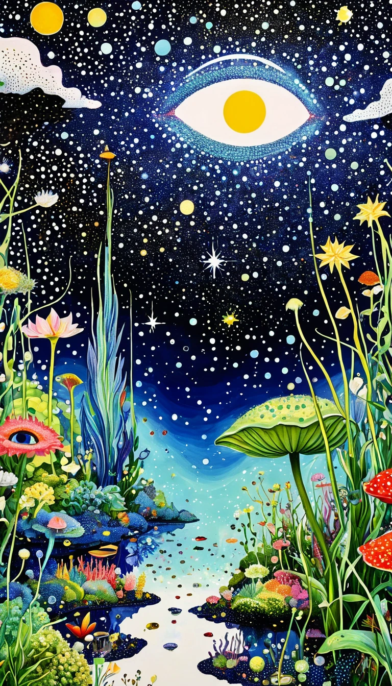 plant、Aquatic organisms、Eye、Starry Sky，An abstract painting at the joint，Describing the inner world of autistic people，Sense of space，White Space，Pointillism method