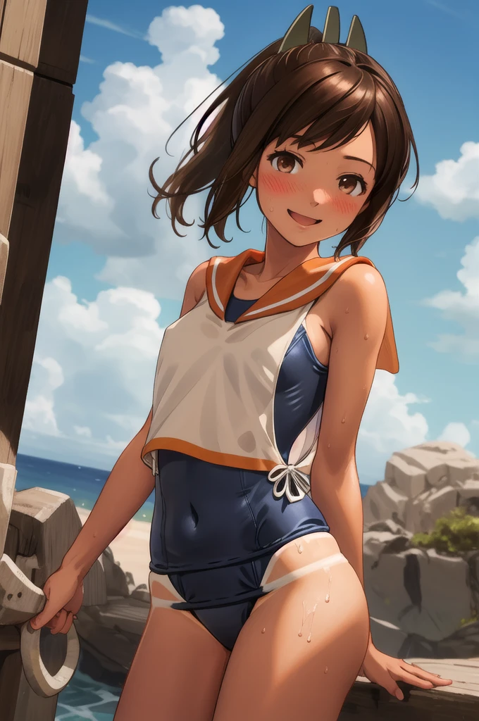 ((masterpiece)),(Highest quality),Official Art,Highly detailed CG,unity 8k wallpaper,Super detailed,Lighthouse on top of a cliff by the sea,One girl,一人in,Cowboy Shot,brown_hair,Dark Skin,Sunburn,School_Swimwear,brown_eye,smile,one piece_Swimwear,Swimwear_Down_Clothes,Sailor_collar,short_hair,Looking_in_Audience,blush,School_uniform,short_ponytail,