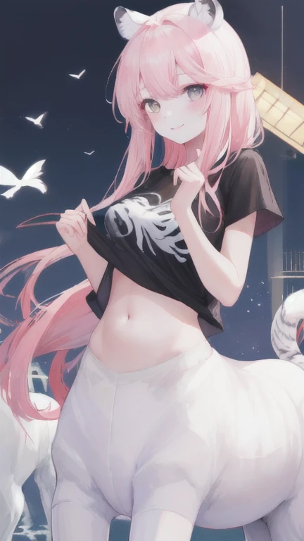 (best quality, masterpiece), 1 girl, centaur, It takes, White skin, Korean , black pink,Smiling, exposing the abdomen, belly button t-shirt , 아름다운 소녀 perfect white tiger photo, perfect white tiger photo