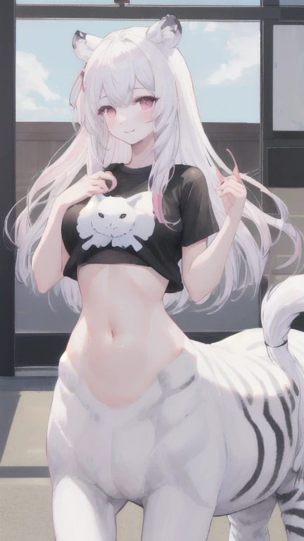 (best quality, masterpiece), 1 girl, centaur, It takes, White skin, Korean , black pink,Smiling, exposing the abdomen, belly button t-shirt , 아름다운 소녀 perfect white tiger photo, perfect white tiger photo