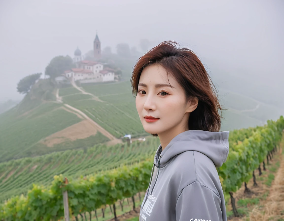 8k best picture quality, Beautiful 36-year-old Korean woman, short and nice weather. Chest size 34 inches, Dense fog at dawn in the Italian countryside, past the vineyard, The cathedral is visible in the fog in the distance., The back background is realistic and vivid quality., Short and medium hair blowing in the wind,Wear a t-shirt, a light windbreaker, and gray jeans.., a faint smile. the background is clear, Short and slim Korean woman, stand far away, Photo taken with a wide-angle lens, Taken from a hill overlooking a misty vineyard, Full body photo taken with Canon Mark 5 camera 16-35 wide angle lens, looking at the camera from afar