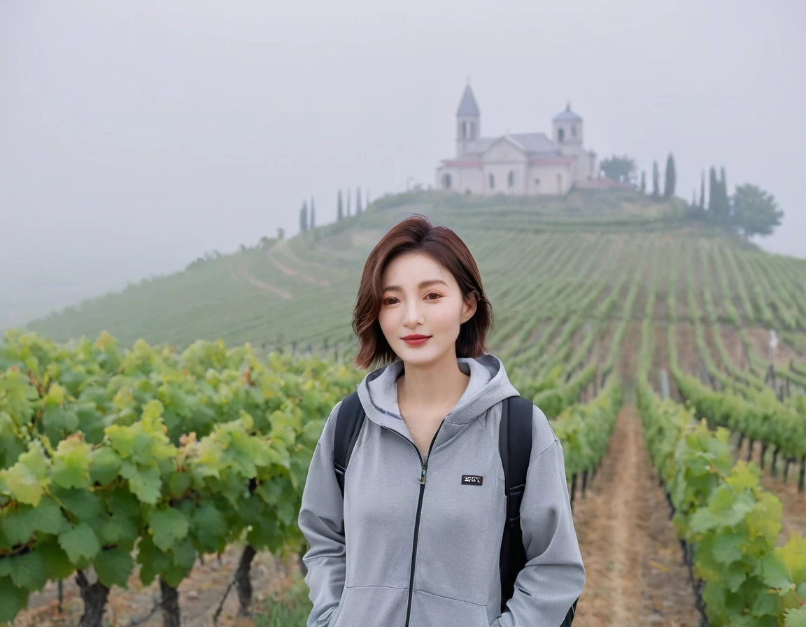 8k best picture quality, Beautiful 36-year-old Korean woman, short and nice weather. Chest size 34 inches, Dense fog at dawn in the Italian countryside, past the vineyard, The cathedral is visible in the fog in the distance., The back background is realistic and vivid quality., Short and medium hair blowing in the wind,Wear a t-shirt, a light windbreaker, and gray jeans.., a faint smile. the background is clear, Short and slim Korean woman, stand far away, Photo taken with a wide-angle lens, Taken from a hill overlooking a misty vineyard, Full body photo taken with Canon Mark 5 camera 16-35 wide angle lens, looking at the camera from afar