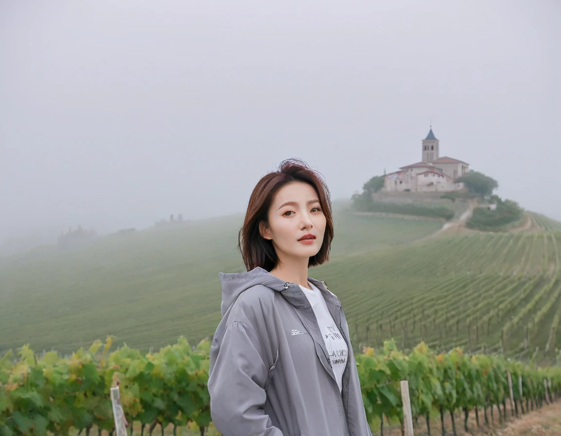 8k best picture quality, Beautiful 36-year-old Korean woman, short and nice weather. Chest size 34 inches, Dense fog at dawn in the Italian countryside, past the vineyard, The cathedral is visible in the fog in the distance., The back background is realistic and vivid quality., Short and medium hair blowing in the wind,Wear a t-shirt, a light windbreaker, and gray jeans.., a faint smile. the background is clear, Short and slim Korean woman, stand far away, Photo taken with a wide-angle lens, Taken from a hill overlooking a misty vineyard, Full body photo taken with Canon Mark 5 camera 16-35 wide angle lens, looking at the camera from afar