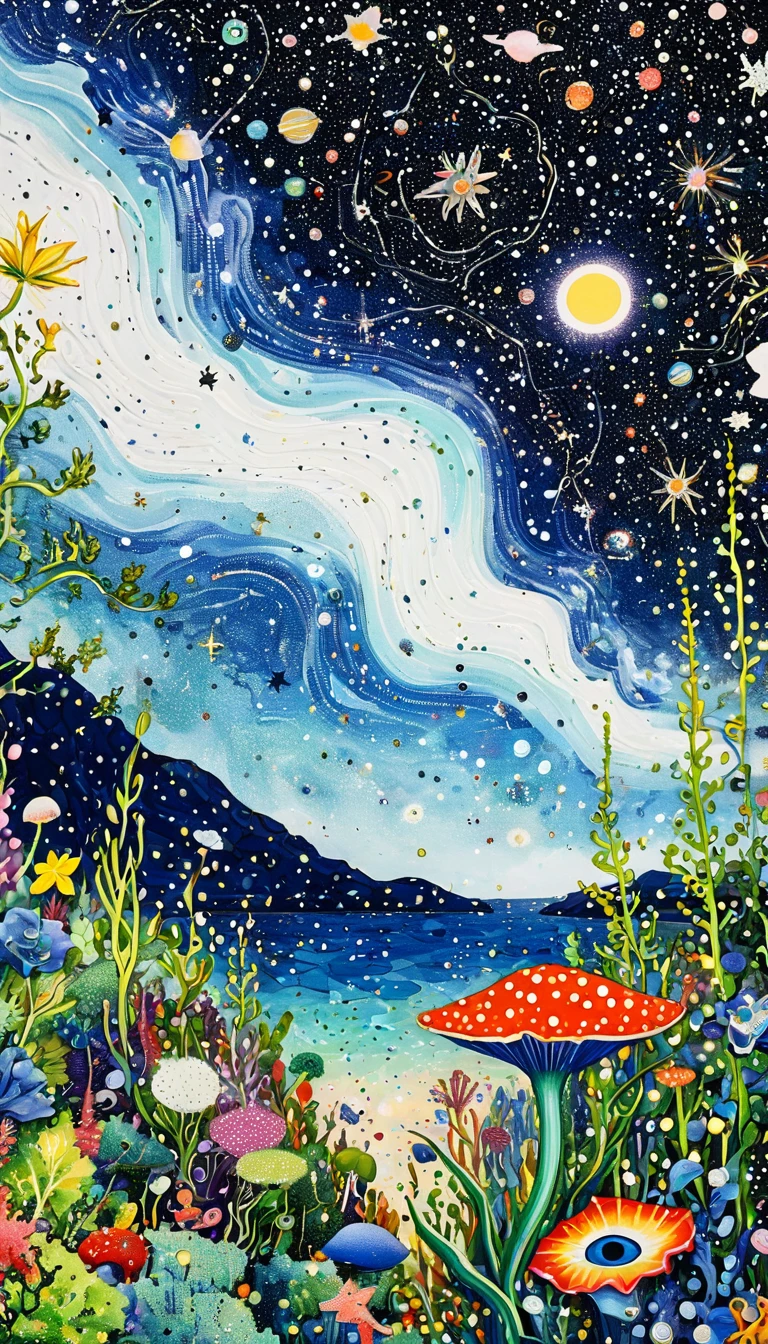 plant、Marine life、Eye、Starry Sky,An abstract painting at the joint,Describing the inner world of autistic people,Sense of space,White Space,Pointillism method