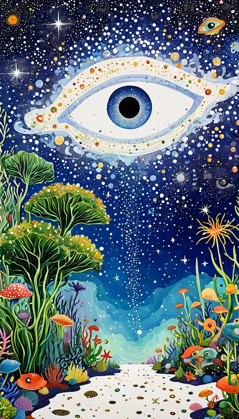bud,microorganism、plant、Marine life、Eye、Starry Sky,Stitching together an abstract painting,Describing the inner world of autistic people,Sense of space,White Space,interesting,Innocence,Psychedelic Art,yellow