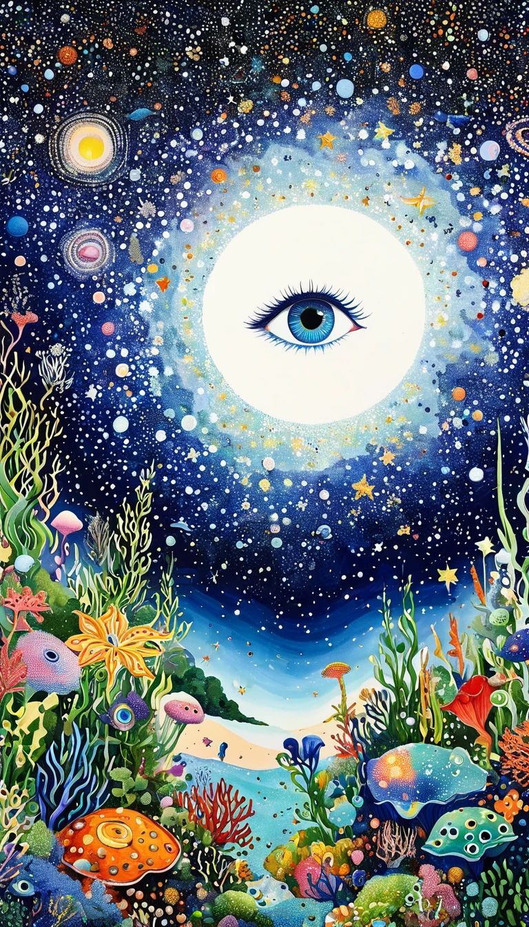 plant、Marine life、Eye、Starry Sky,An abstract painting at the joint,Describing the inner world of autistic people,Sense of space,White Space,Pointillism method