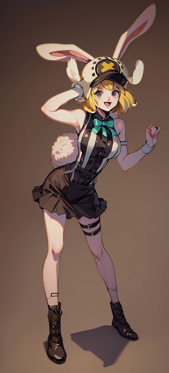 (ultra detailed background, delicate pattern, intricate detail, highly detailed, fine details), best quality,((medium breasts, slim girl,  close-up, portrait)), CarrotChan, 1girl, solo, blonde hair, animal ears, rabbit ears, rabbit girl, furry female, furry, short hair, smile, rabbit tail,  ((slim girl, medium breasts, animal nose)), 1girl, solo, animal ears, rabbit ears, blonde hair, boots, tail, rabbit girl, rabbit tail, skirt, hat, suspenders, breasts, full body, short hair, black background, simple background, open mouth, ears through headwear