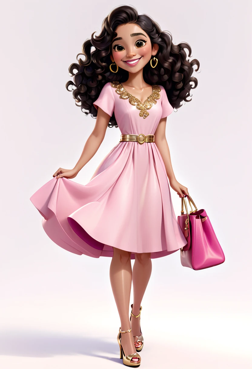 An illustration of a slightly short Latina woman, light brown skin, with long curly black hair, smiling happily, she is wearing a pink dress, wearing shoes, she is holding a pink bag with gold details, white background, style pixar in 3D