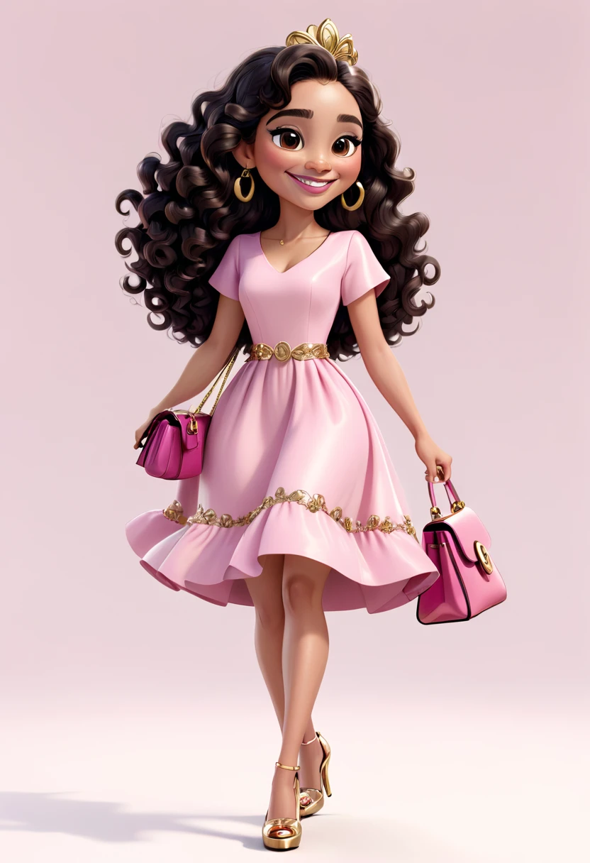 An illustration of a slightly short Latina woman, light brown skin, with long curly black hair, smiling happily, she is wearing a pink dress, wearing shoes, she is holding a pink bag with gold details, white background, style pixar in 3D