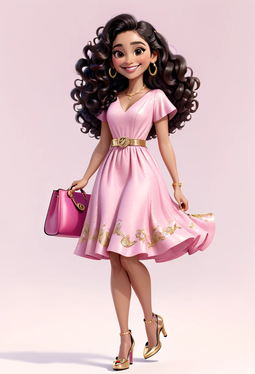 An illustration of a slightly short Latina woman, light brown skin, with long curly black hair, smiling happily, she is wearing a pink dress, wearing shoes, she is holding a pink bag with gold details, white background, style pixar in 3D