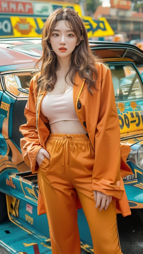 a woman in an orange suit standing next to a car, cropped shirt with jacket, orange jacket, cropped wide sleeve, orange jumpsuit, 🦩🪐🐞👩🏻🦳, energetic varia suit, bright trouser suit for a rave, orange tones, bae suzy, wearing an orange jumpsuit, orange hue, modern maximalist suit, 7 0 s vibe