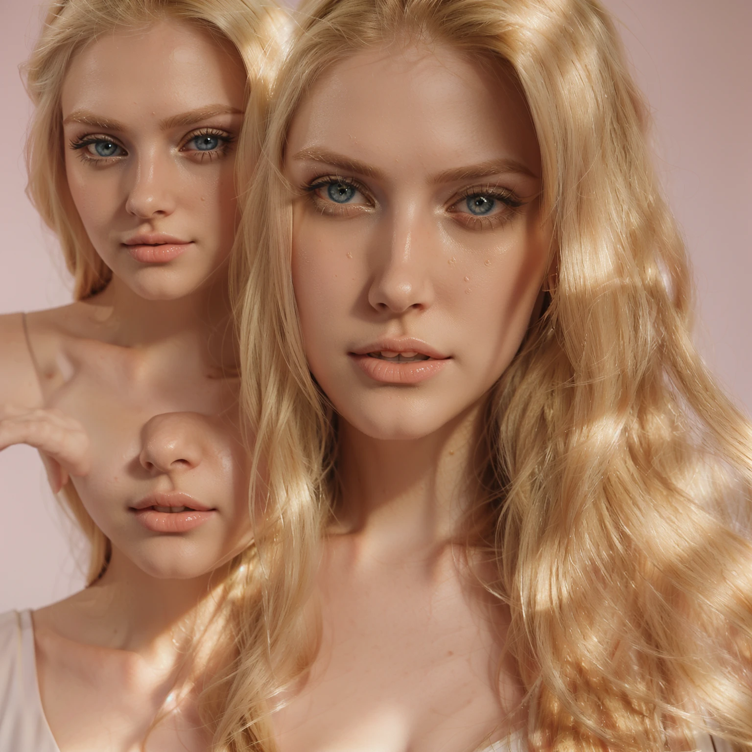 A close-up of a woman with long blonde hair and a pink top, a beautiful blonde, long blonde hair and big eyes, blonde hair and big eyes, Yelena Belova, blonde goddess, beautiful blonde girl, long blonde hair and big eyes, angelablanca, Anna Nikonova aka Newmilky, blonde hair and blue eyes, Ava Max, Instagram Template