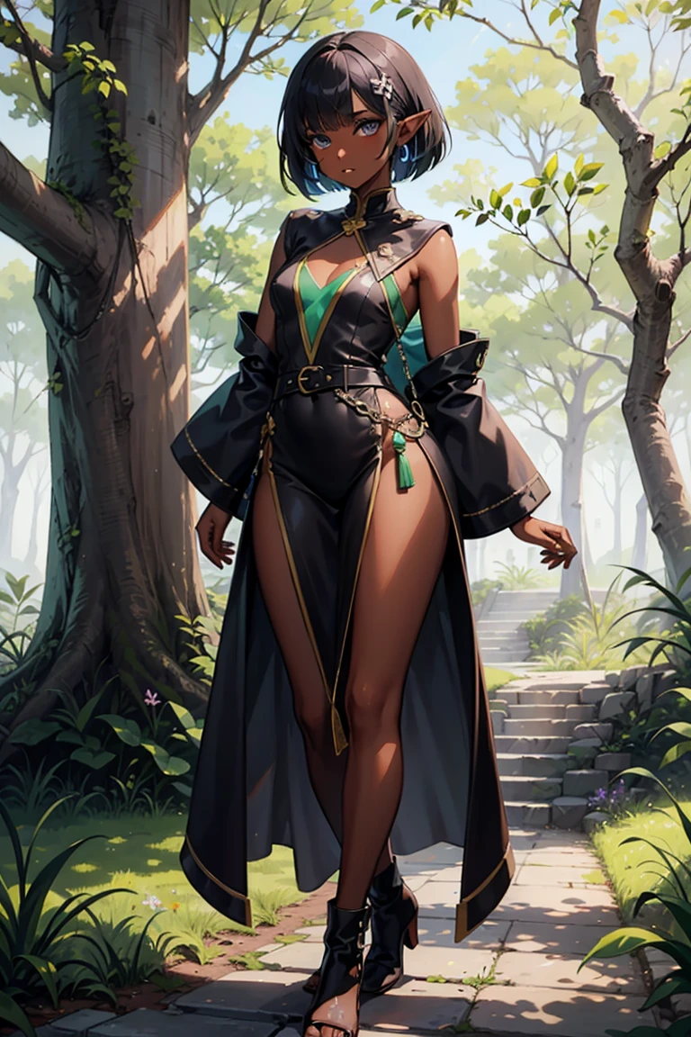 masterpiece, absurdres, 1girl, cowboyshot, tachi-e, young woman, best aesthetics, small breasts, narrow hips, thin thighs, dark hair, narrow eyes, slanted eyes, brown skin, knee-length dress, round nose, very detailed face, clean lines, dynamic pose, anatomically correct, hyperdetailed, forest atmosphere, beige eyeshadow, clean makeup, violet eyes, detailed hair, sparkling eyes, nature, magic, fantasy, medieval, high fantasy, leather leggings, comfy, cozy, tsurime eyes, SFW, mage robes, arms by side, outdoors, trees in background, simple bob haircut, messy bangs, hair framing face, straight hair, elf, adult woman, brown dress, green vest, inked comic, comic art, ankle boots, cell shading, cartoon style, tanned skin, broad shoulders, forest mage, dark skin, loose-fitting dress, minlan1, high fantasy, rule of thirds, cross-body robes