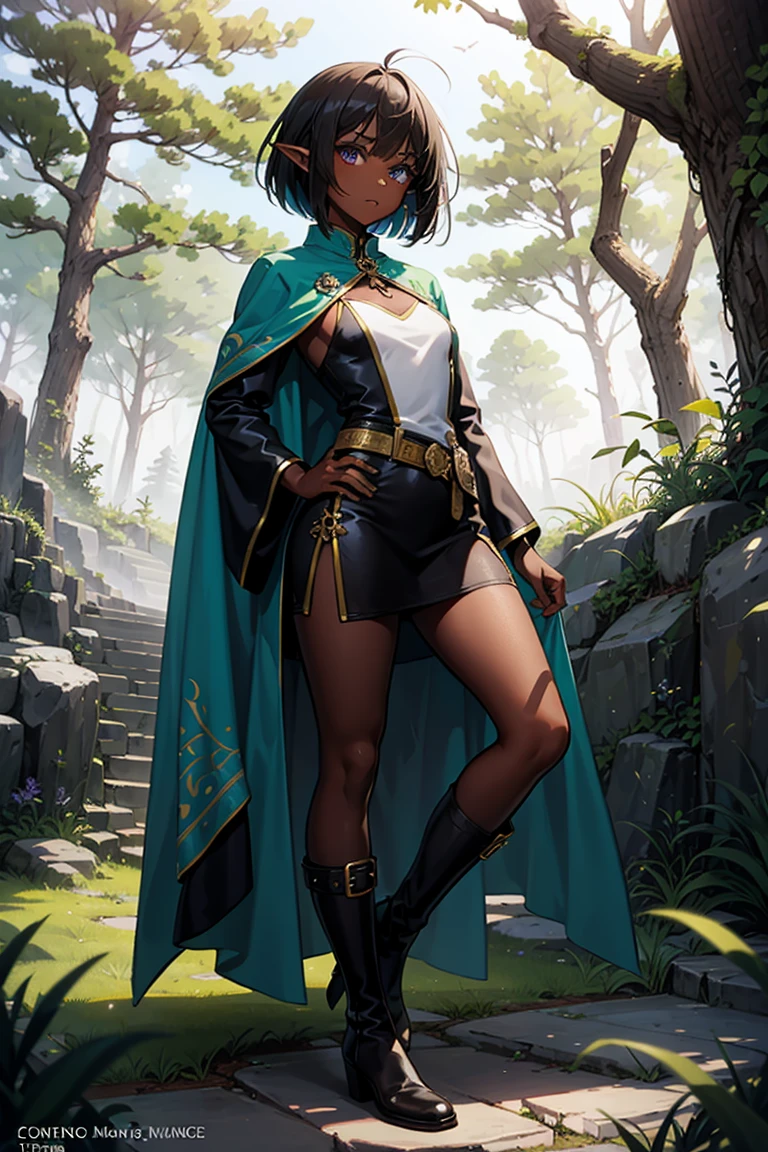 masterpiece, absurdres, 1girl, cowboyshot, tachi-e, young woman, best aesthetics, small breasts, narrow hips, thin thighs, dark hair, narrow eyes, slanted eyes, brown skin, knee-length dress, round nose, very detailed face, clean lines, dynamic pose, anatomically correct, hyperdetailed, forest atmosphere, beige eyeshadow, clean makeup, violet eyes, detailed hair, sparkling eyes, nature, magic, fantasy, medieval, high fantasy, leather leggings, comfy, cozy, tsurime eyes, SFW, mage robes, arms by side, outdoors, trees in background, simple bob haircut, messy bangs, hair framing face, straight hair, elf, adult woman, brown dress, green vest, inked comic, comic art, ankle boots, cell shading, cartoon style, tanned skin, broad shoulders, forest mage, dark skin, loose-fitting dress, minlan1, high fantasy, rule of thirds, cross-body robes