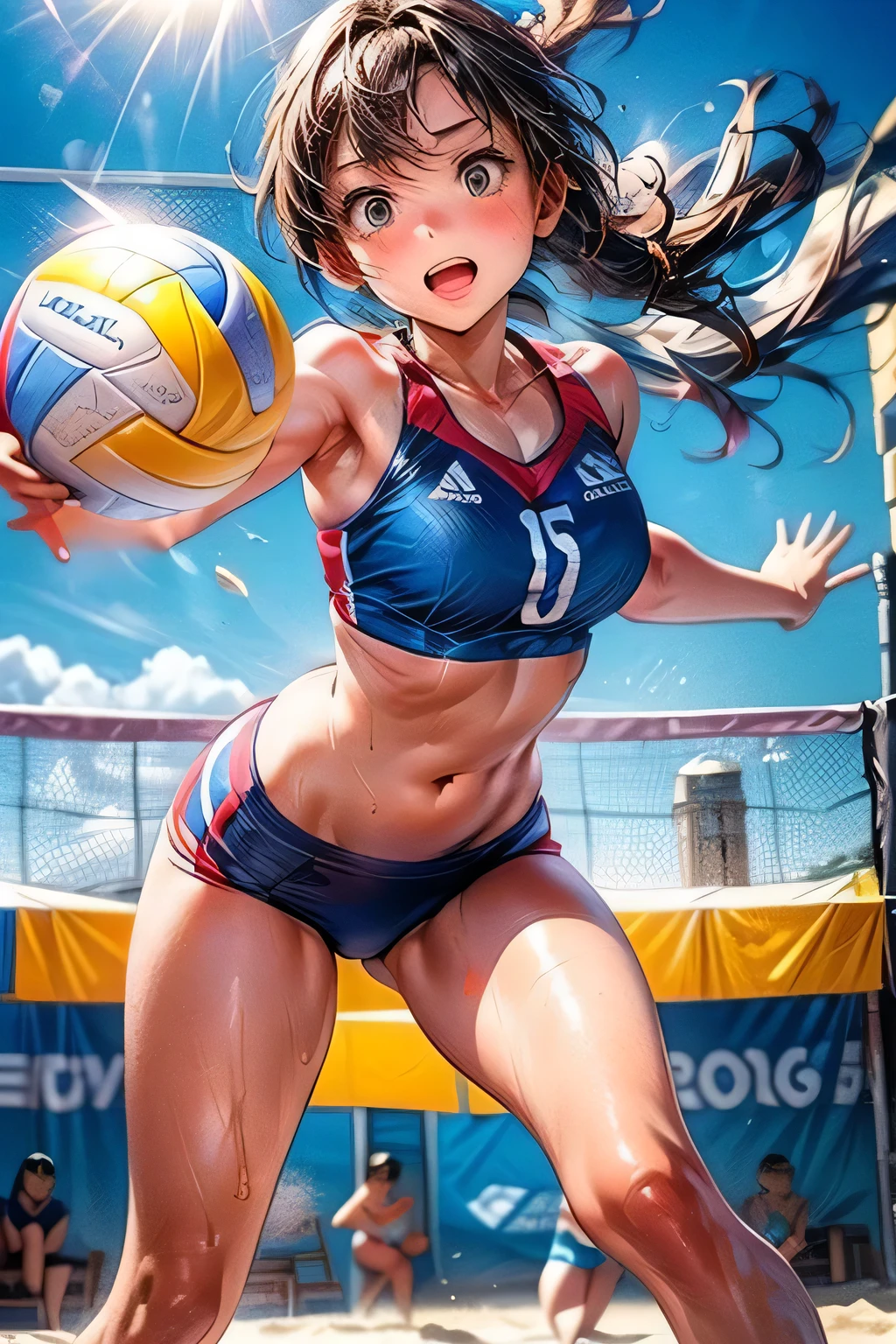 Best Quality, masutepiece, High resolution, (Anime Heroine Illustration), Anime Paint, 1beautiful girl ,Dynamic Angle,Female beach volleyball Athletes,small head,Large breasts,nice legs, Glowing skin, Sweat,At the beach volleyball venue ,,Detailed beautiful face,large eyes,detailed hairs,detailed skins,Realistic Skins,Sweat,detailed clothes,cool,from below