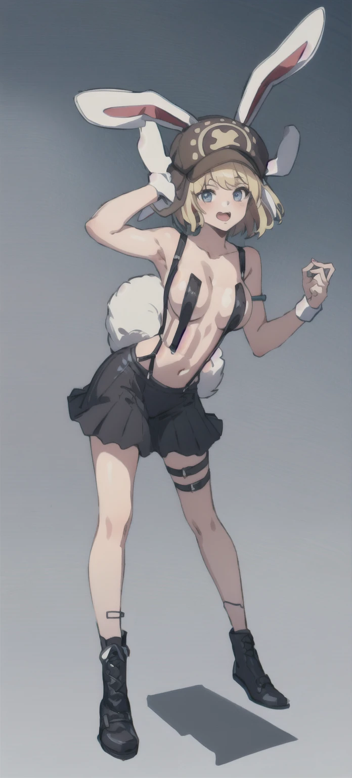 1girl, solo, animal ears, rabbit ears, blonde hair, boots, tail, rabbit girl, rabbit tail, skirt, hat, suspenders, breasts, full body, short hair, black background, simple background, open mouth, ears through headwear