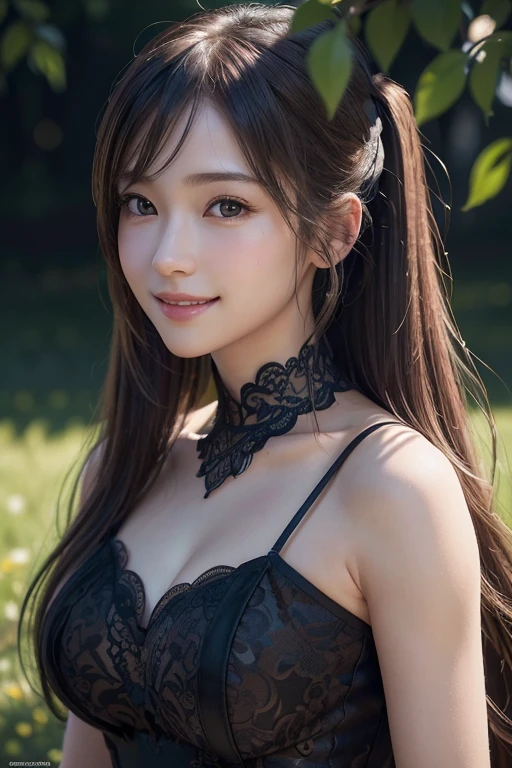 ((Highest quality)),(超High resolution),(Very detailed),(Detailed Description),((The best CG)),(masterpiece),Very detailedなアート、(Highest quality、8K、32k、masterpiece:1.2)、(Realistic)、(Realistic:1.2)、(High resolution)、Very detailed, (Close-up face:1.6), Very beautiful face and eyes, Big eyes, 1 female, 、Pale skin:1.4, Shine, Transparent muscles:1.2、((Ultra-Realistic Details))、Portraiture、All the characters are super realistic.:1.6、Global Illumination、Octane Rendering:1.2, The best beautiful girl,Very detailed, High resolutionのRAWカラー写真, Professional photography, Realistic portrait, Cinematic Light, (( Random Pause:1.2 ))、With a small face、Pale Cheeks:1.1、(( With a random cute smile:1.4 ))、((Beautiful Eyes、Light enters the eyes:1.4、Staring at a lover、Adorable eyes:1.2 )) 、((Shiny Hair Brown twin tails, 、Delicate texture、Voluminous Hair:1.1、Thick Hair:1.2 )), Natural Makeup、Beautiful big ,(Big ample breasts:1.2)、Captivating beauty、Captivate what you see、Tight waist、Delicate body、(Highest quality、Attention to detail、)、(Oil paint:1.2)、Very detailed、(Realistic、Realistic:1.37)、Bright colors、(Deep neckline Beautiful random color damask dress:1.4), (Front Focus), (Front Focus), (In the Dark:1.6), Outdoor 、A spacious space with greenery and flower beds々and space々and::1.4、Garden 、wind , From the side 、