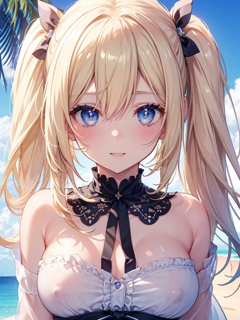 High resolution, A face with attention to detail, ((One Girl))、((cute))、Big smile、Blushing、Open your mouth、Blonde、Twin tails、Ultra detailed face、Very fine eye、Ultra detailed hair、Beautiful beaches、Palm tree、Bright sunlight、Beautiful blue sky, Movie angle, Professional Lighting, Highest quality, masterpiece, sharp, Perfect focus, Bokeh, photoRealistic, (Beautiful, detailed eyes: 1.3), Realistic, (3D Face:1.1), (Shiny skin:1.5), (超High resolution intricate face details), (Facial skin pores:1.3), 超High resolution, 8k eye detail, Super huge breasts, Emphasize your breasts, nude, Huge nipples, vagina, clitoris, (View your viewers) break (Bust up shot), topless