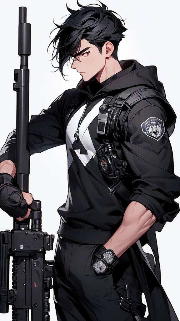 masterpiece, very detailed, 4K, 8K, 32,000, convoluted, (((1st son))), ((black hair)), ((no background)), white background, 20 years old, (((the same character))), dynamic pose, Anatomically correct hand, Modern clothing, Detailed clothes, (slim body), (camera focused on face in profile) (cold colors dim lighting) black hair eyes black (perfect face) ,character design police man, full body, black hair, Composition looking straight ahead, standing posture, soldier, {full body}, standing with gun in arm, handsome