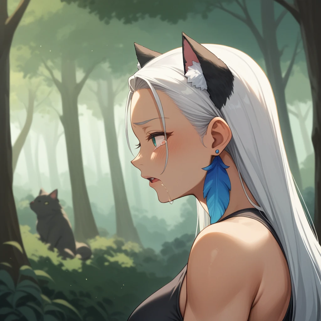 ff14、（Y'shtola、Ferocious Werewolf）、Shortcuts、Blue feather earrings、A woman with white hair and cat ears、Black body、Toned body、in the forest、((Being violated、))、A lot of semen、Intense 、Looks disgusting、Are crying、))((((From the side view))))