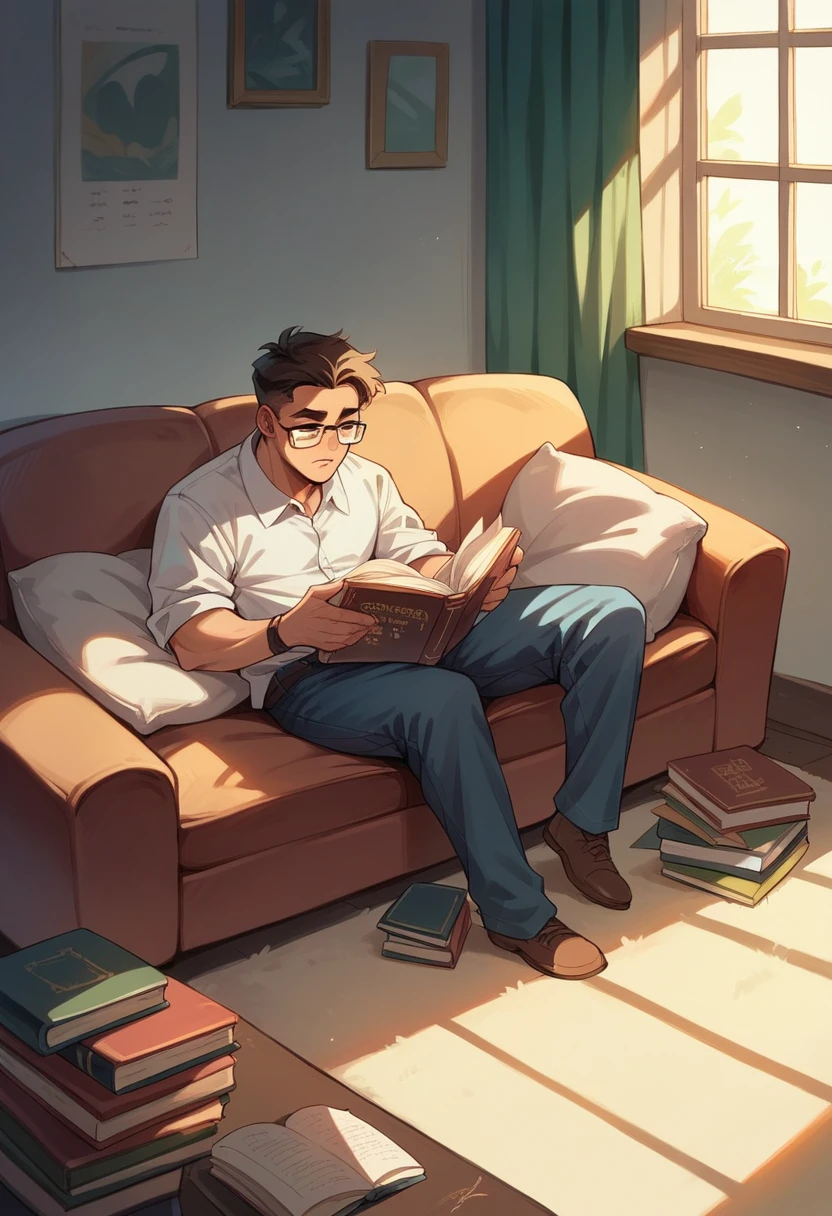 guy reading a book indoors on the sofa, while it's raining outside