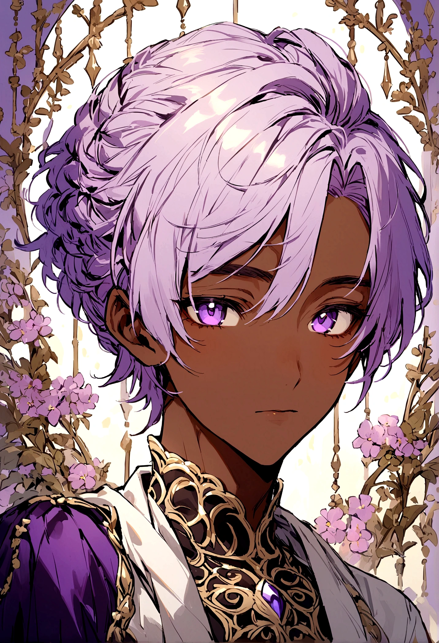 Beautiful youth,One man,27 years old,Brown Skin,Light purple hair,Purple Eyes,Upper Body,