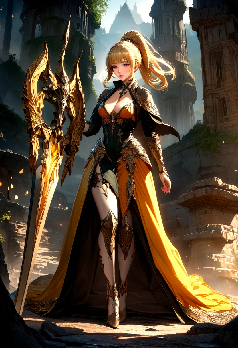 Create a gorgeous female character from summoners wars game, Elia from summoners wars. Blonde ponytail hair. Full body side view image. Render in a high-definition graphic art style with sharp detail. Full lips. Use bright vibrant colours and realistic great lighting to enhance the fantasy setting. Sharp details. Insanely detailed. High quality detailed body. HDR. 8k resolution. Insane quality. Sharp image. Incredible detail.