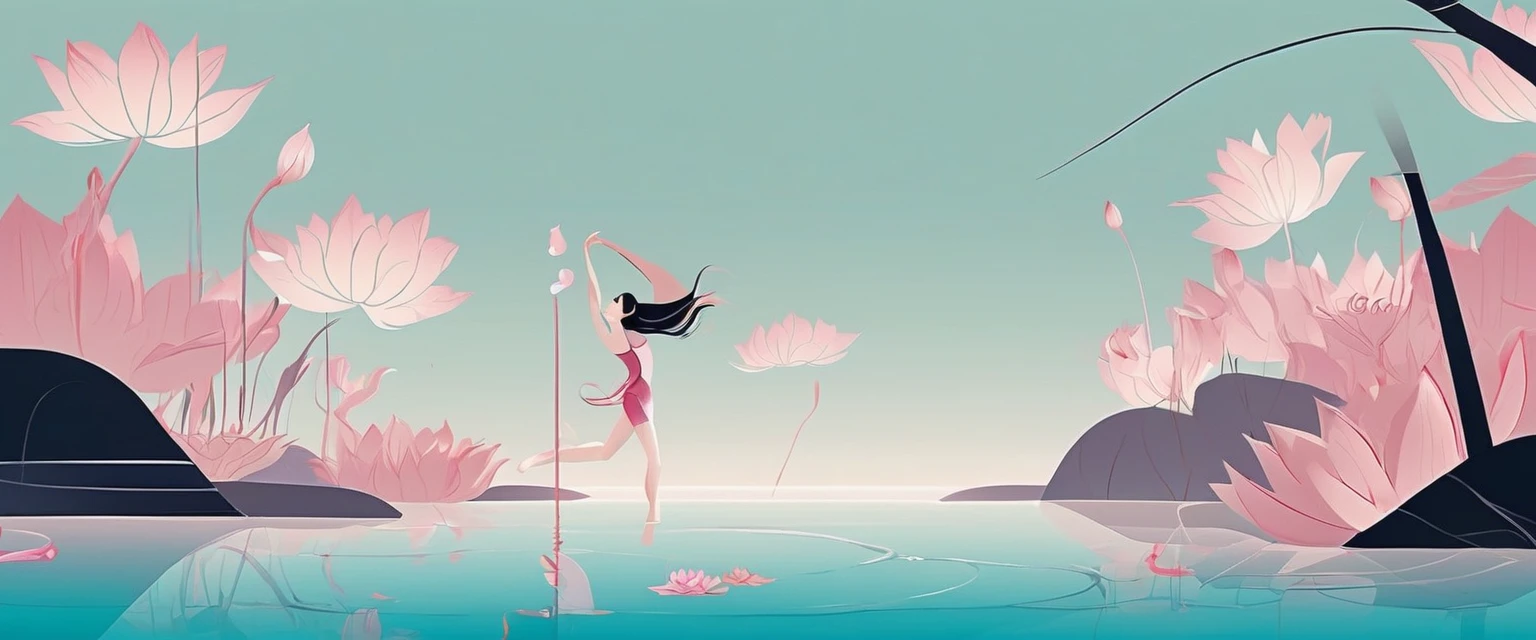 vector,Flat form,illustration,The Minimalists,数字艺术illustration,Pink hue,Abstract,artistic conception,Blooming,A little girl kneeling on the water(Right side of the screen),dancer;Pink clothing;Pretty Face,Black Hair,Hairpin;Lotus pond,Lotus decorative corner;Diving sensation,above(Light cyan)Lots of white space。