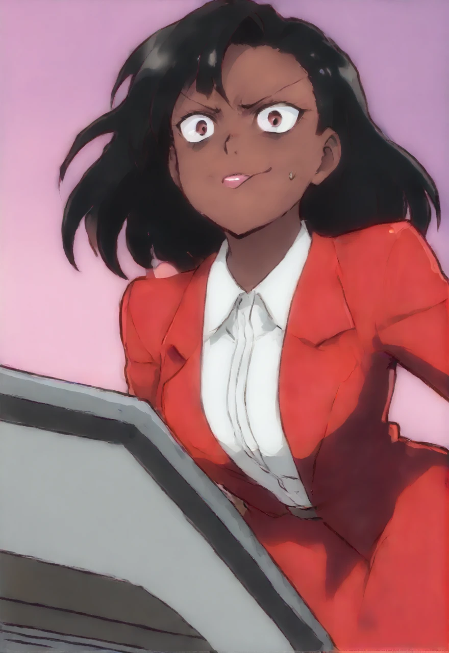 Make a evil military black anime woman in a red skirt suit