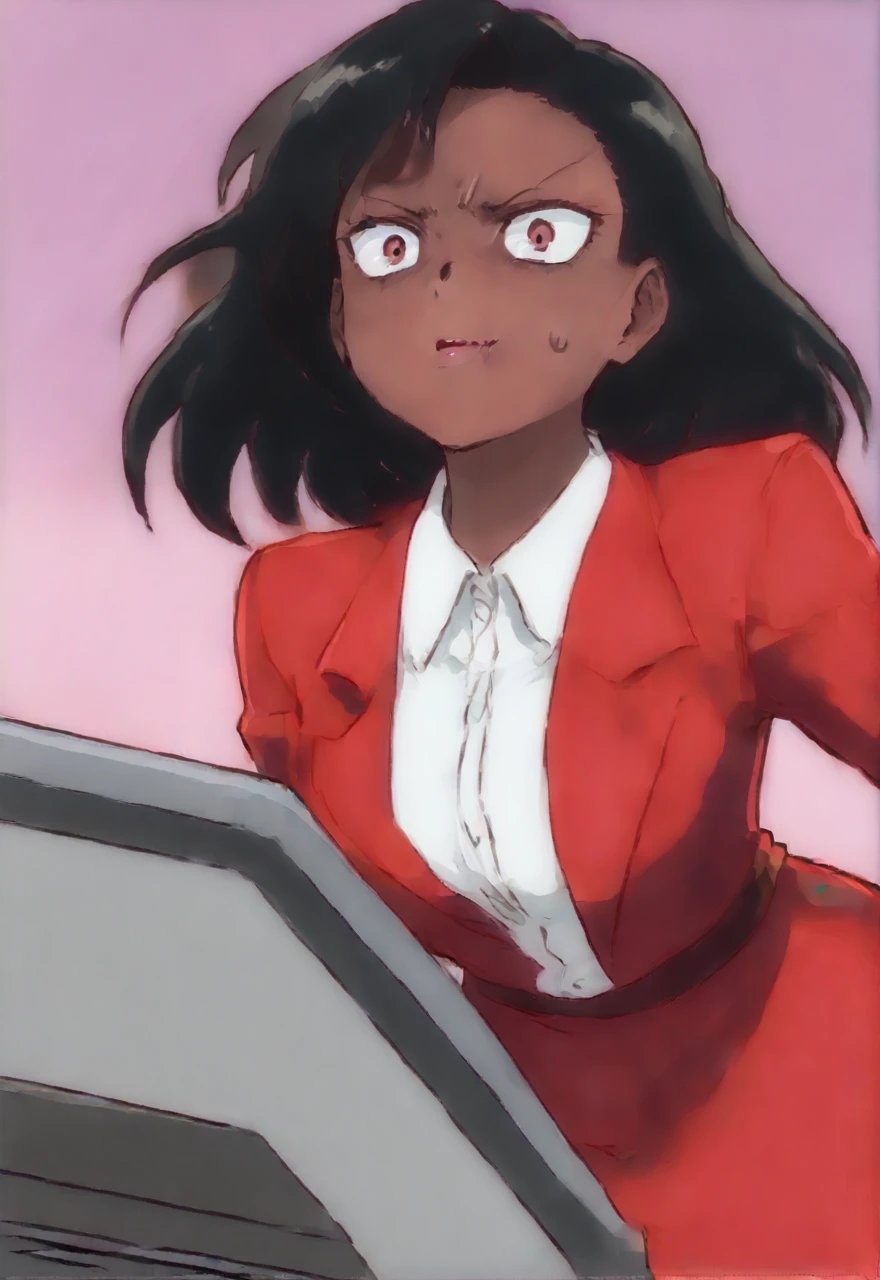 Make a evil military black anime woman in a red skirt suit