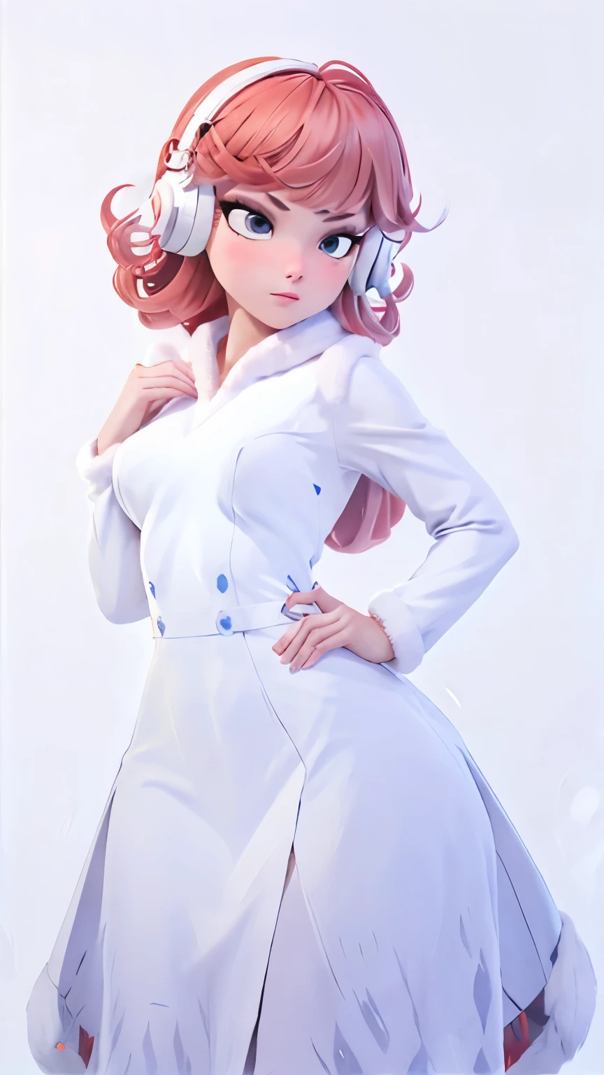 (1 girl, alone, Masterpiece, 4k, Best Quality:1.2, (cowboy shot), Best Quality:1.2, good hands, striking, (perfect hands, perfect anatomy)), 
utaop, headphones,blush, White dress, fur on one, red and white hair, multicolor fur, High average, 
((medium breasts, big hips, looking at the viewer)), 
((simple background, White background)), 