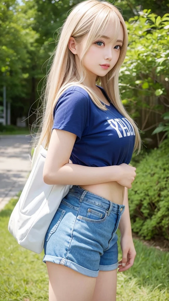 Tabletop, Highest quality, figure, Super detailed, In detail, High resolution, 8k wallpaper, Perfect dynamic composition, Beautiful attention to detail,Long Hair、smile,20-year-old girl、cute、Sexy look at the camera、Private Server、shopping、In town、T-Shirts、Big Breasts、Big breasts that are about to burst、Shorts、Golden Hair、Super long hair、Blonde Hair