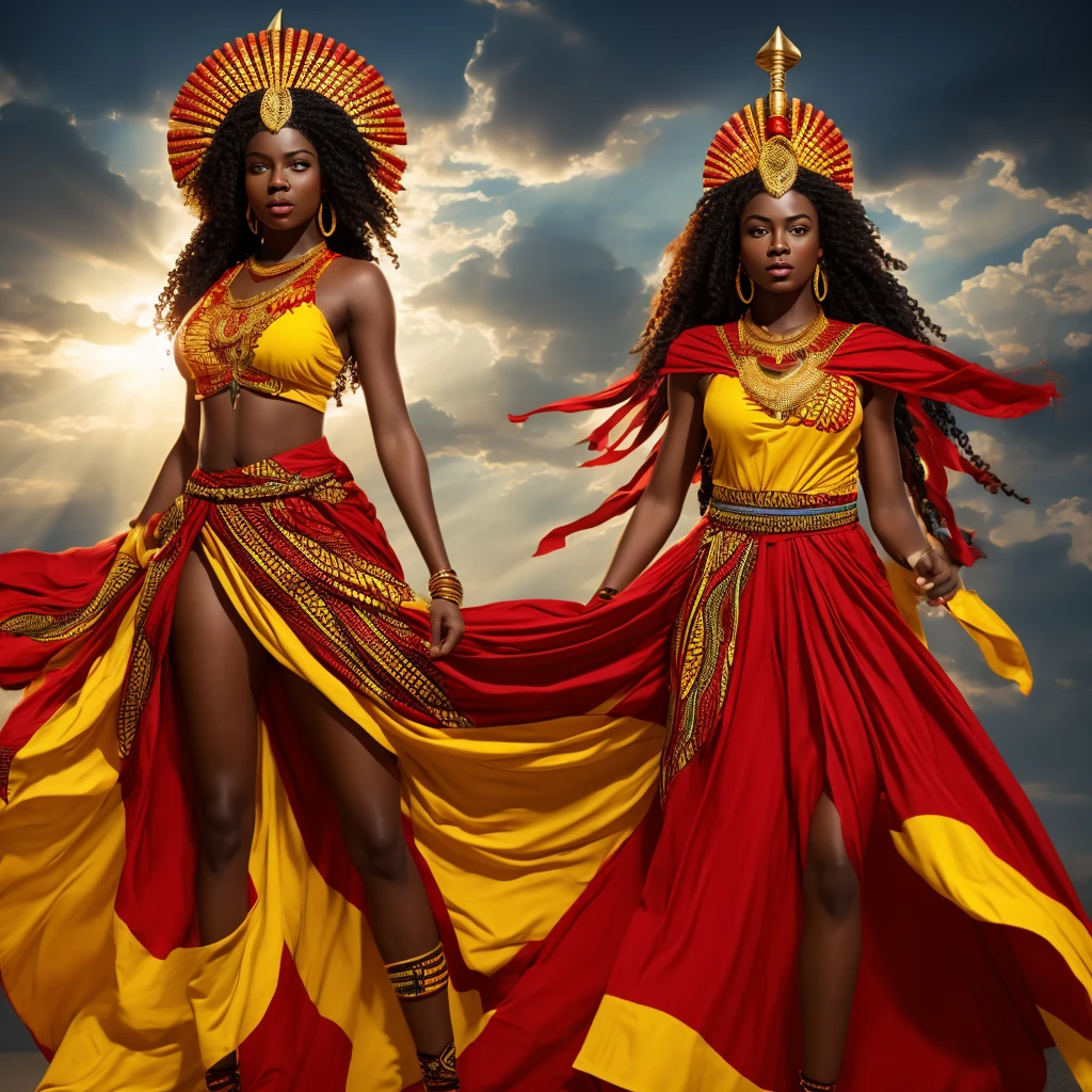 African, goddess of war, red and yellow clothing, white background, rays, wind, light