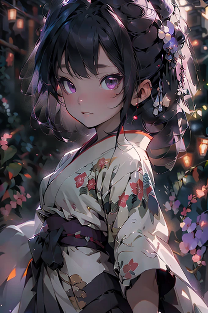 masterpiece, best quality, extremely detailed CG unity 8k wallpaper, Anime illustration of a woman wearing a kimono. A purple kimono tied with a red obi, long purple and black hair, droopy eyes, large eyes, clear black eyes, the background is dark, and the moonlight from the full moon makes it vaguely bright. is reflected and sparkles. The entire area is enveloped in particle-like Kurna light. Digital art,