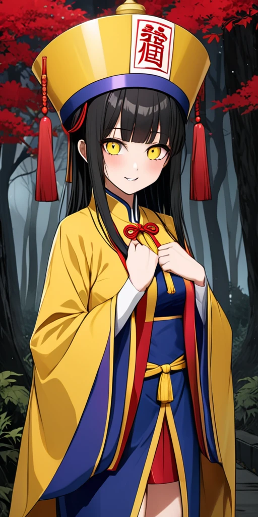 masterpiece, best quality, 4k, 8k, 1girl, solo, long hair, blunt bangs, side braid, black hair, droopy eyes, big eyes, ruby red eye, lemon yellow eye, heterochromia, slender frame, evil smile, large breasts, ofuda, jiangshi costume:1.2, fang, horror, coffin, forest, midnight, fog, from front, upper body, look at viewer, paw pose,