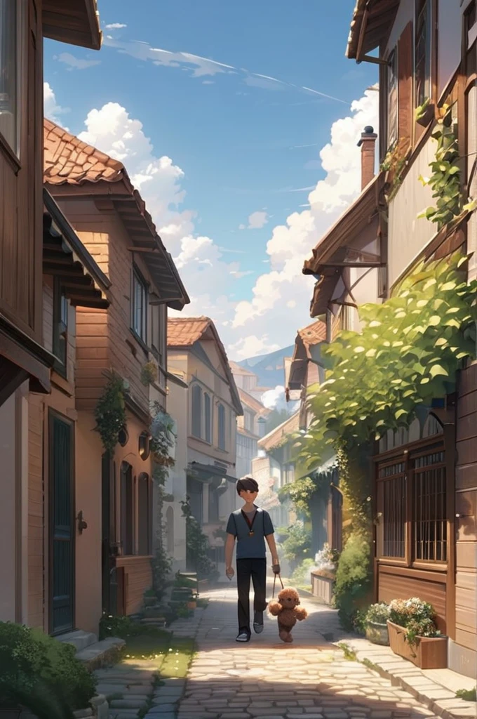 ((Highest quality)), ((masterpiece)), (detailed), Pomp, a toy poodle living in a small town, spends his days leisurely at his owner's house as an ordinary pet. Every day is the same with walks and play.